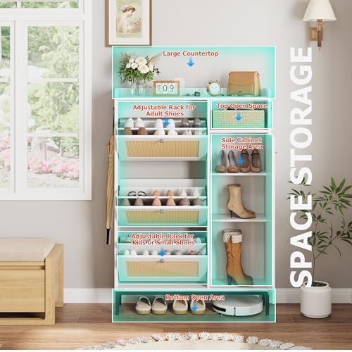 Rattan Shoe Storage Cabinet with 3 Flip Drawers, Adjustable Shelves, Oak Z41139