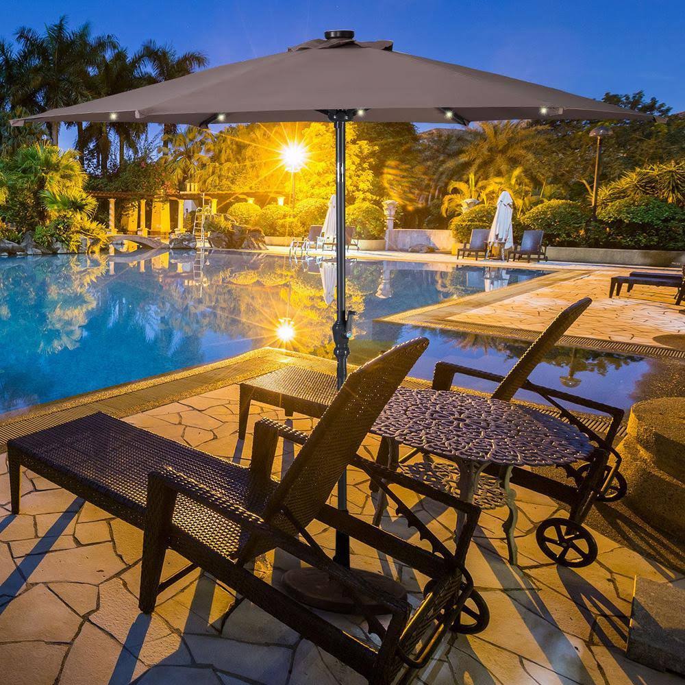 Tan Metal Patio Umbrella with Crank and LED Lights Y440