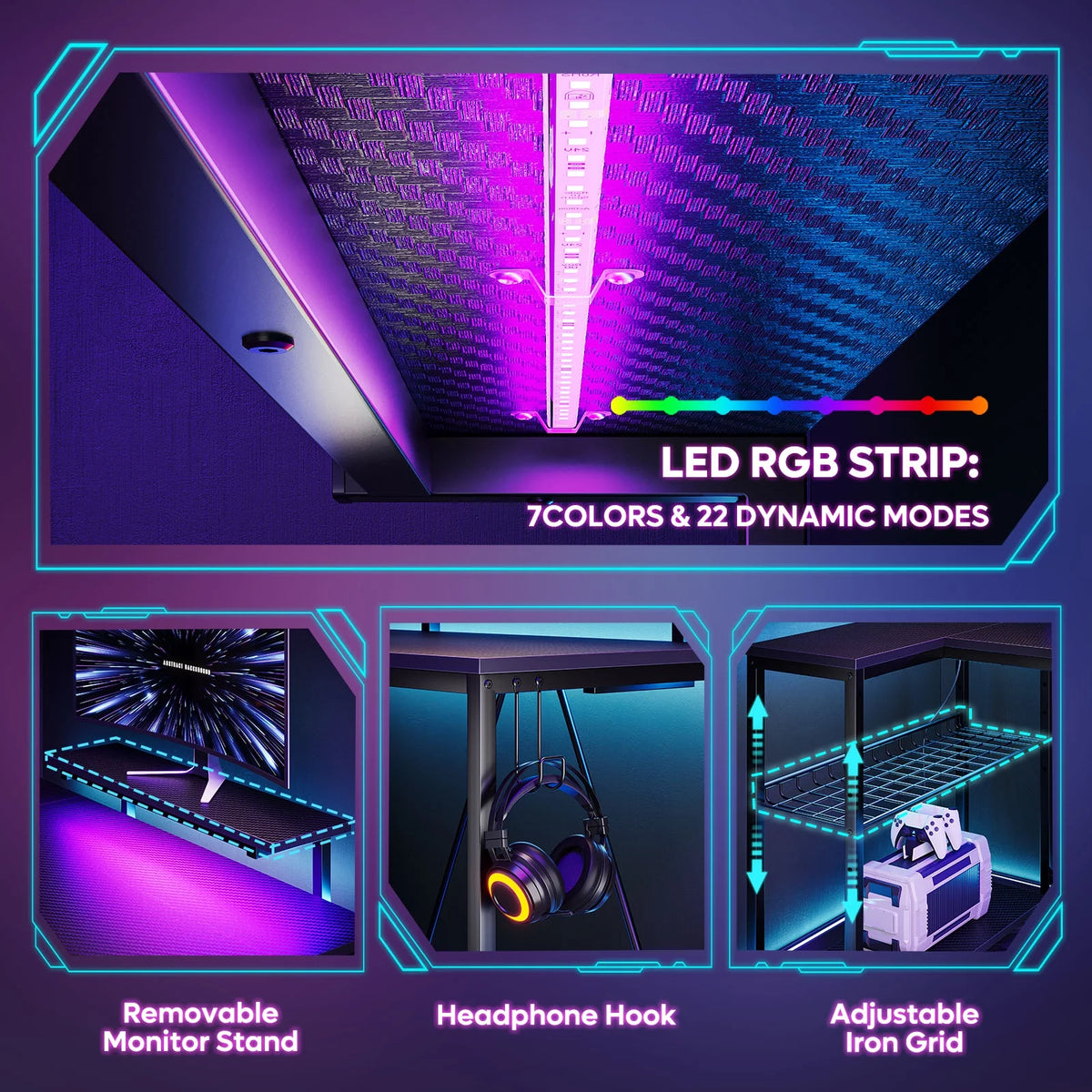 52" L Shaped Computer Desk with LED Lights D434