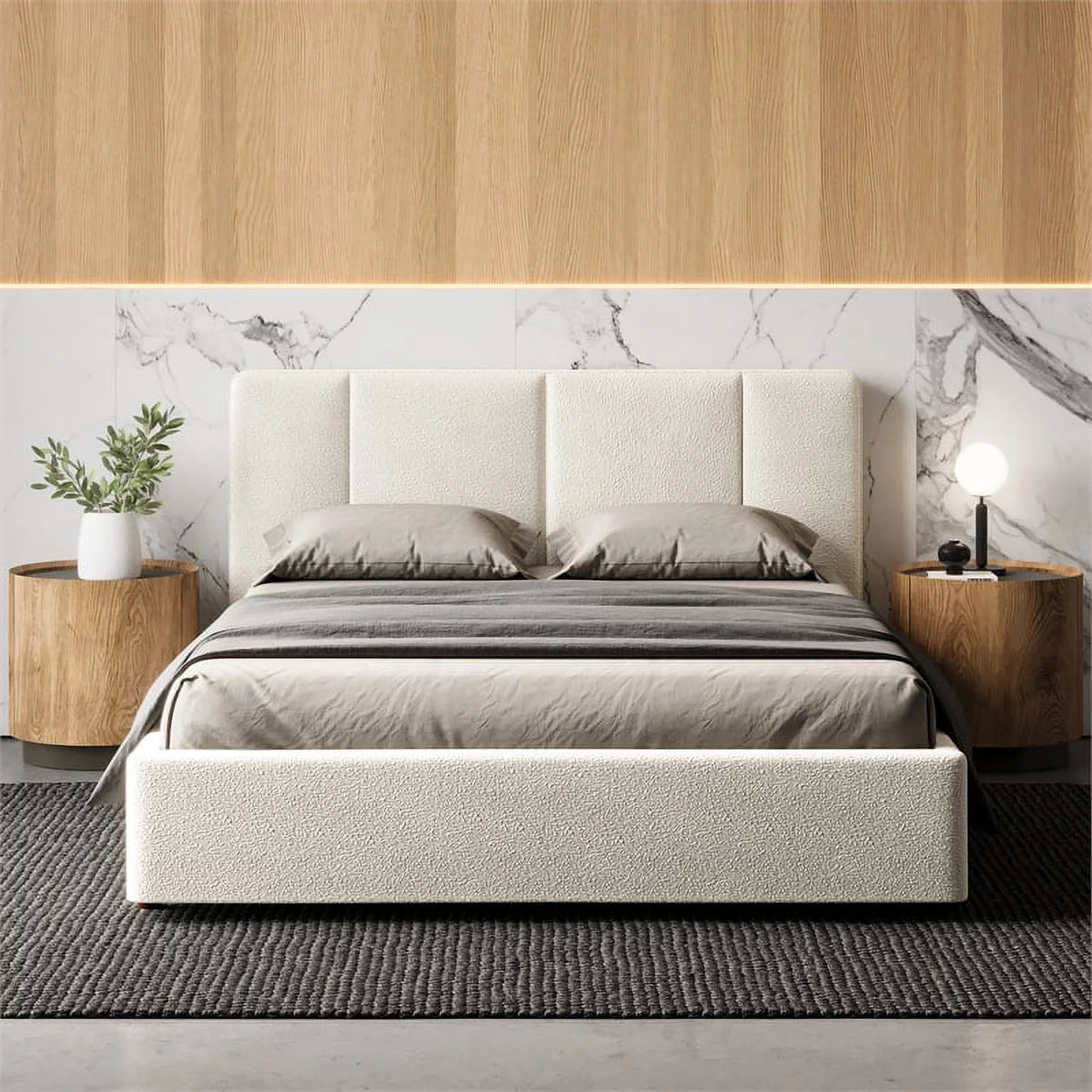Queen Bed Cream Beige Boucle Fabric Y748