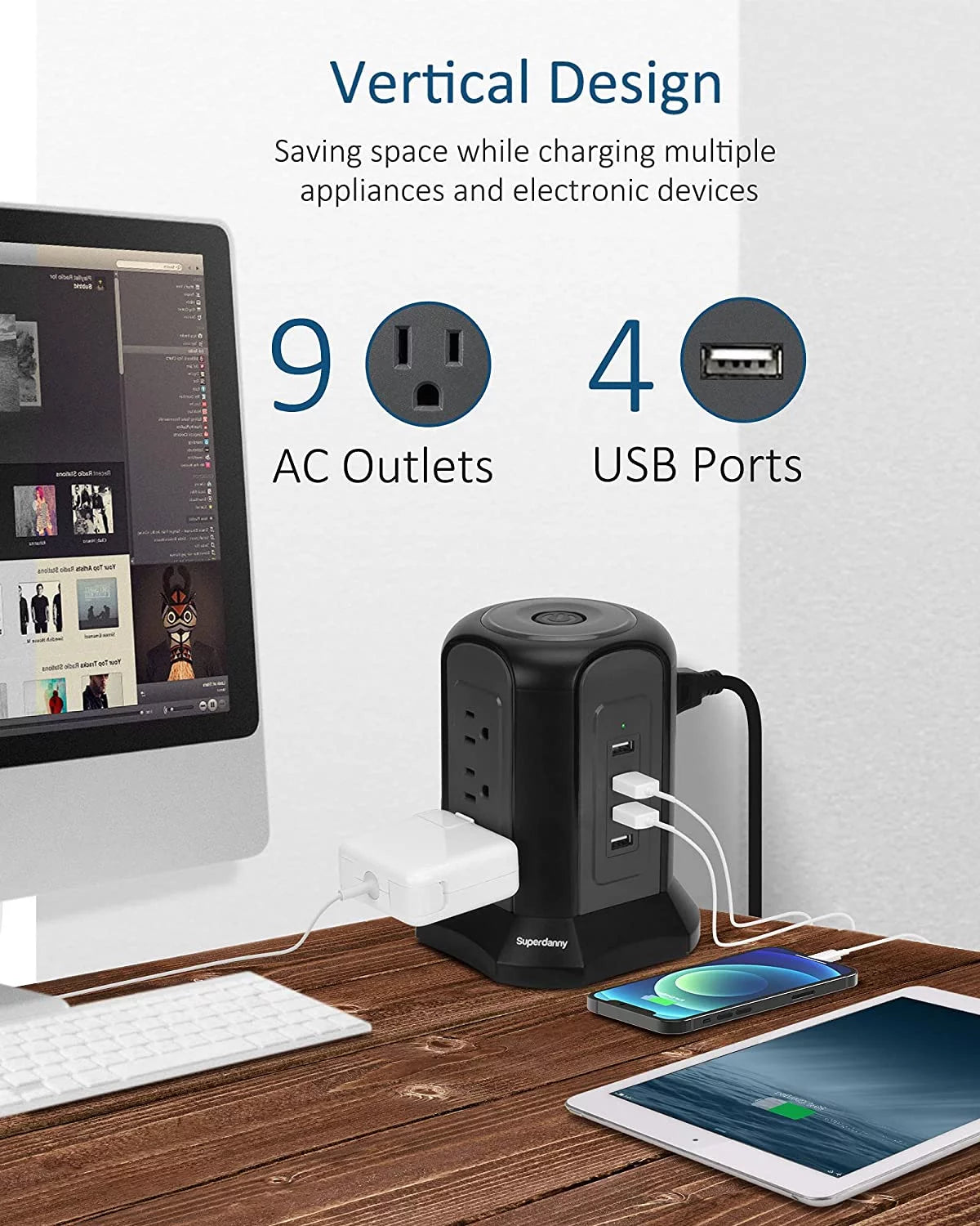 Black Surge Protector Power Strip Tower 9 Outlets 4 USB Port 10 ft Extension Cord T800