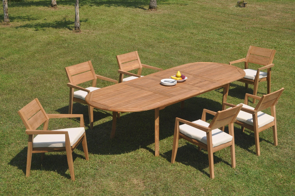 Grade-A Teak 7 Pc Dining Set with 118" Oval Table and 6 Stacking Arm Chairs F158
