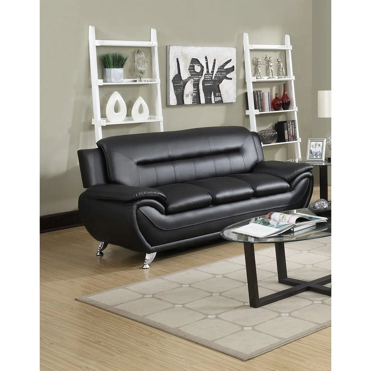 Cream White Faux Leather Pillow Top Arm Sofa E6275