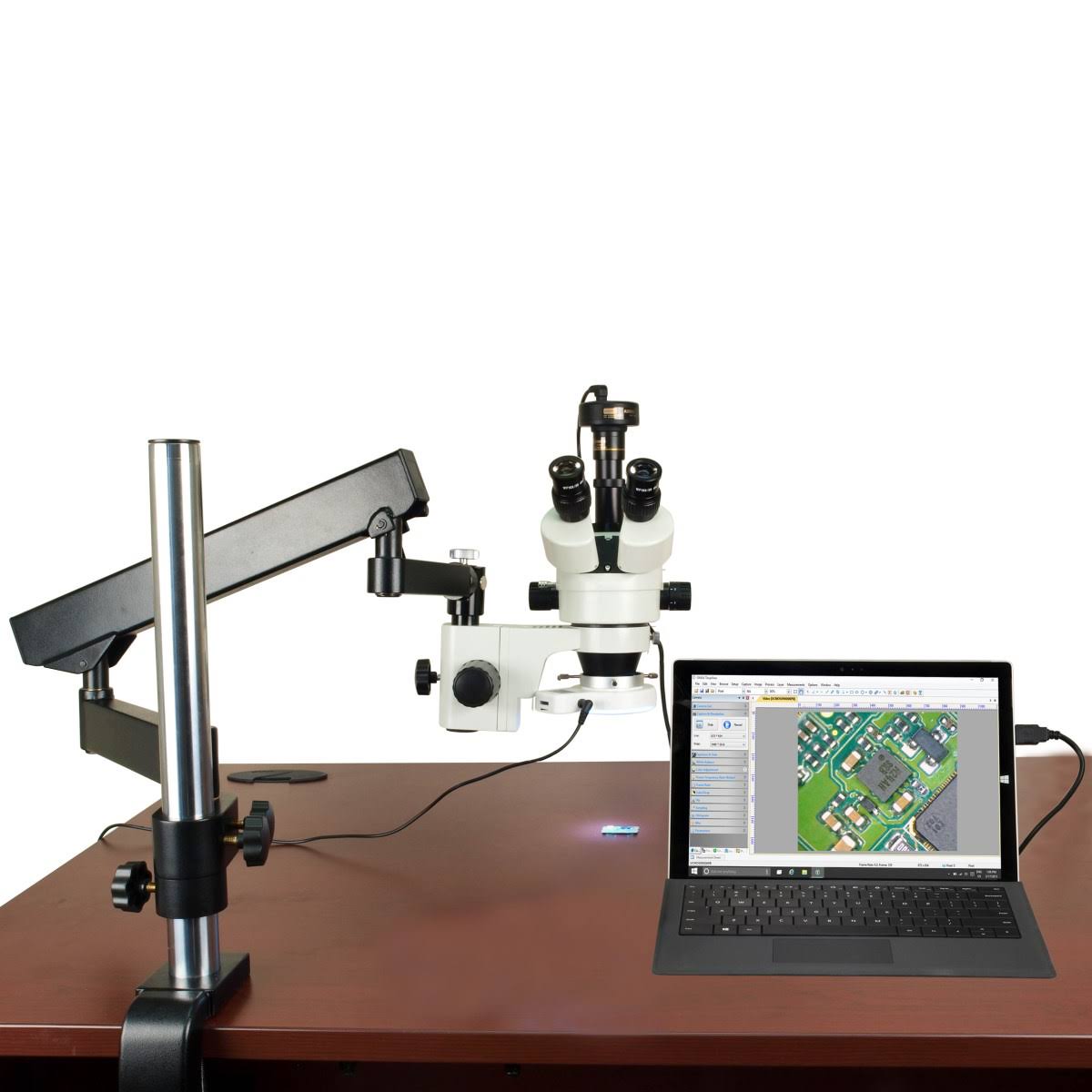7-45X Stereo Microscope with Articulating Arm, 56 LED Ring Light, 3.2M Camera W807