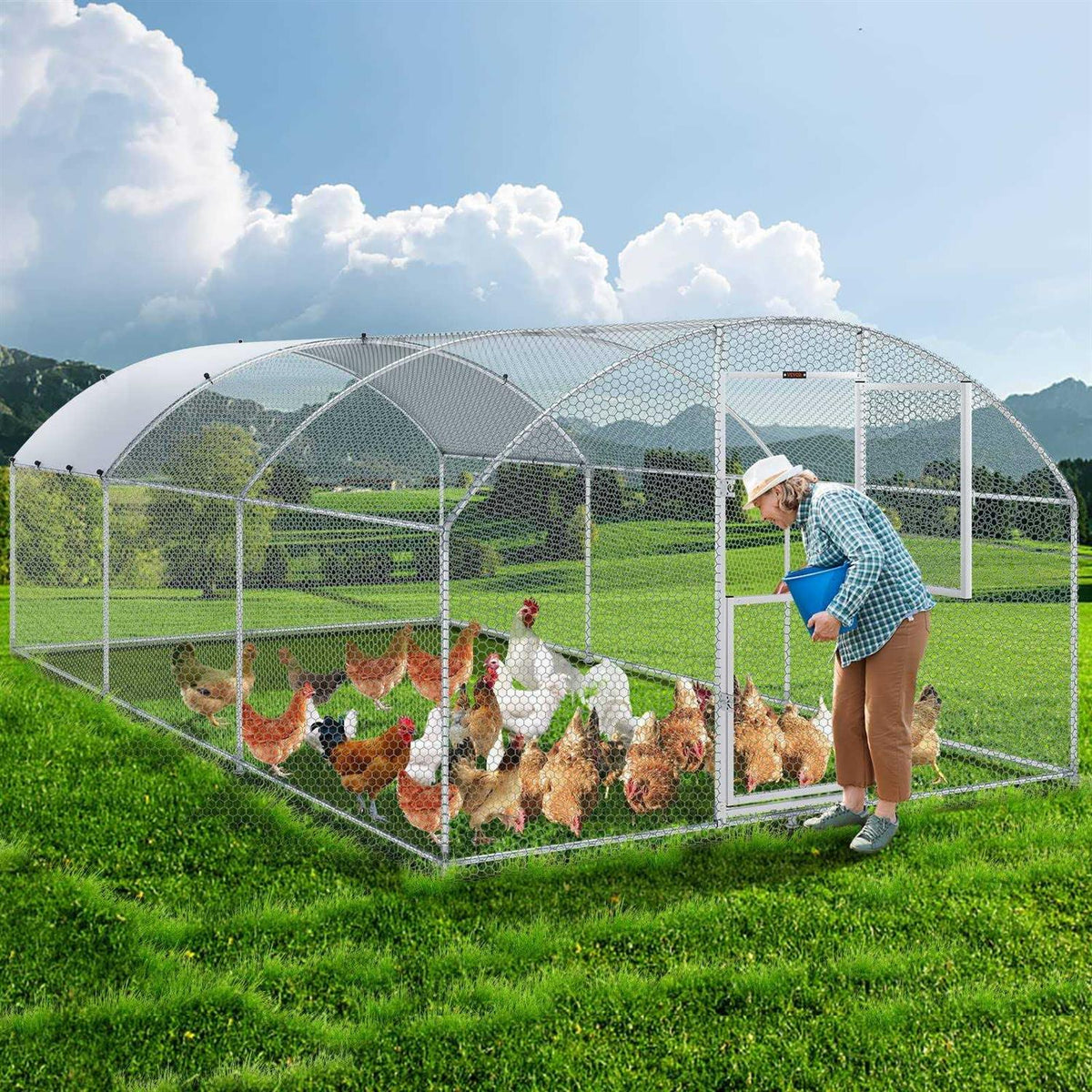 Large Metal Chicken Coop with Run and Waterproof Cover E7425