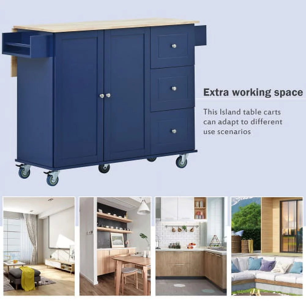Dark Blue Rolling Mobile Kitchen Island with Solid Wood Top and Locking Wheels O82684