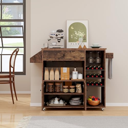 Rolling Kitchen Island Cart with Drop Leaf, Power Outlet, White Z756