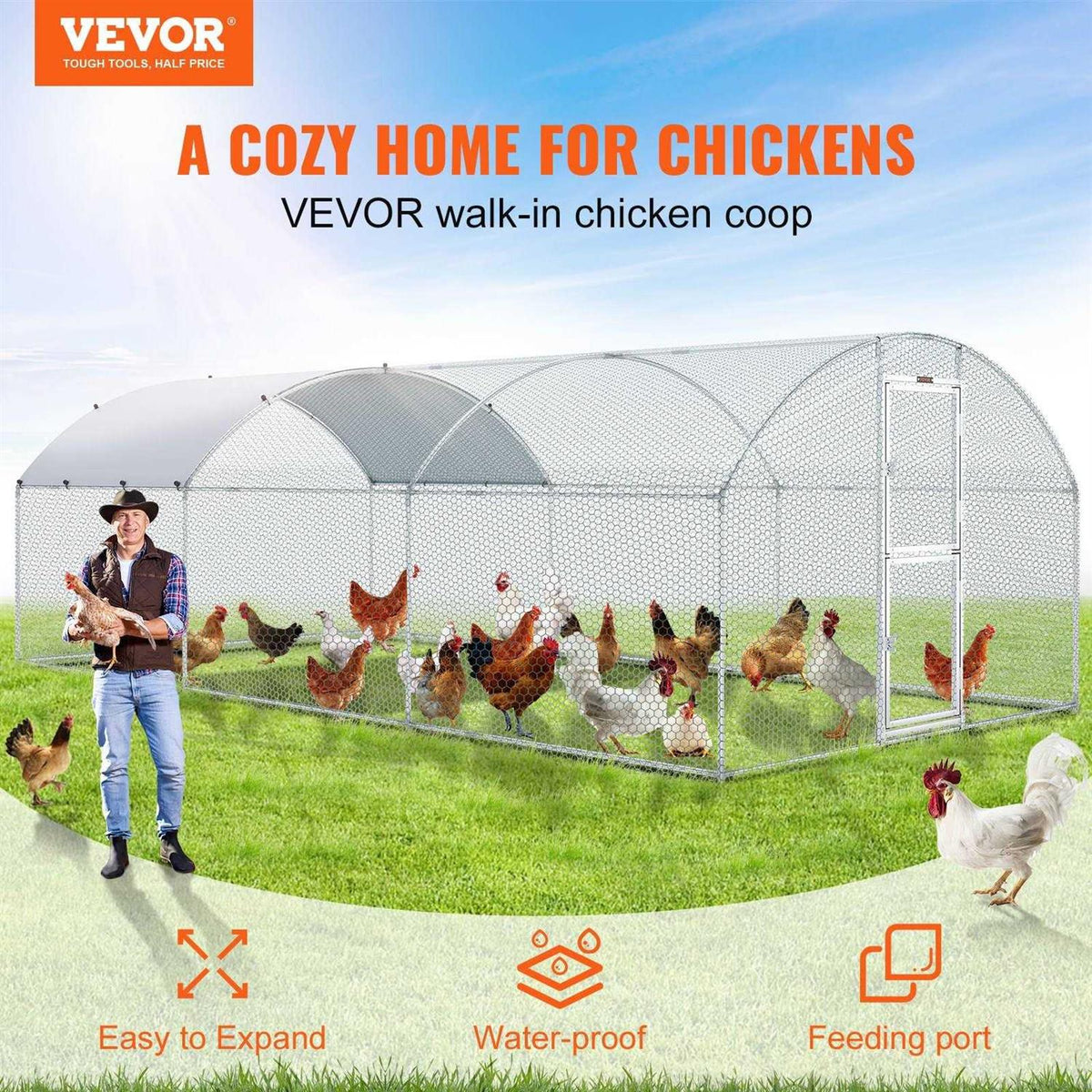 Large Metal Chicken Coop with Run and Waterproof Cover E7425