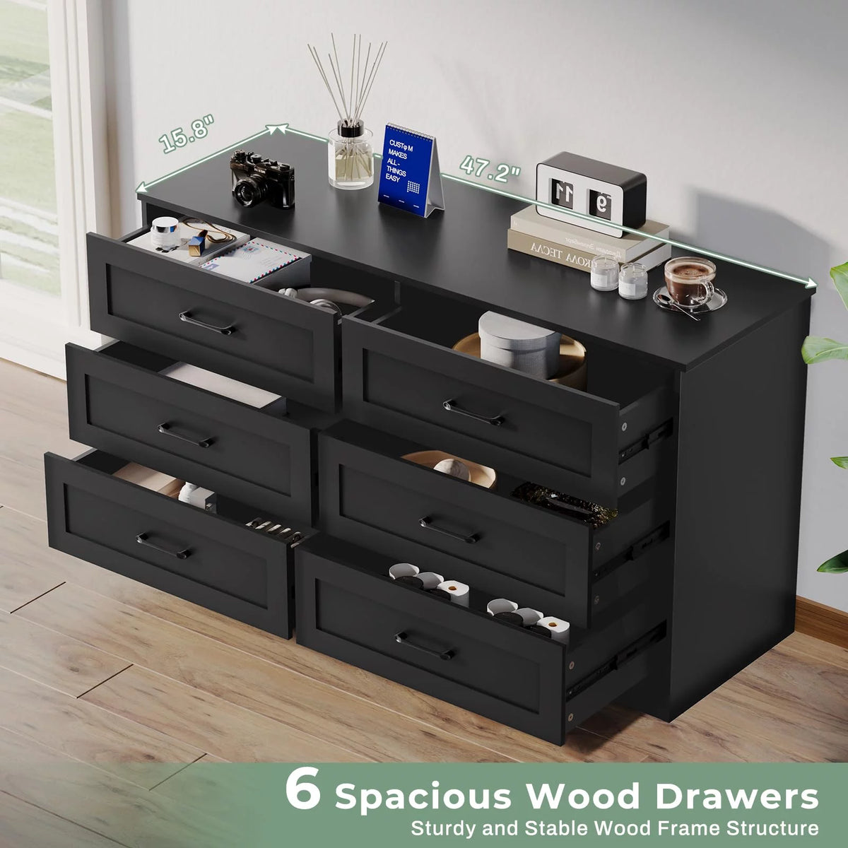 Black 6 Drawer Wood Dresser V756457