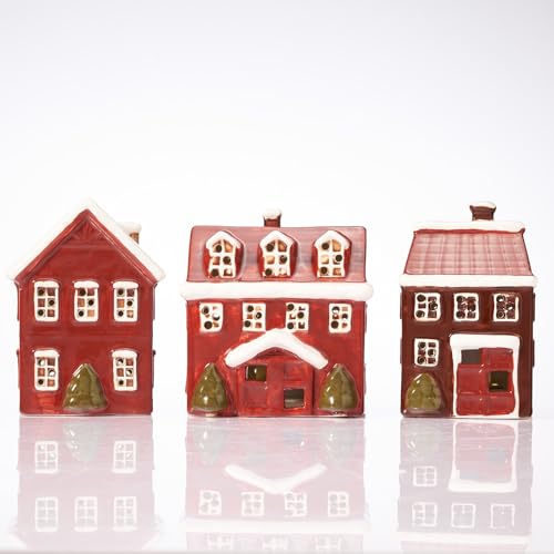 Red Ceramic Christmas Village Houses Set of 3 Lighted Y550