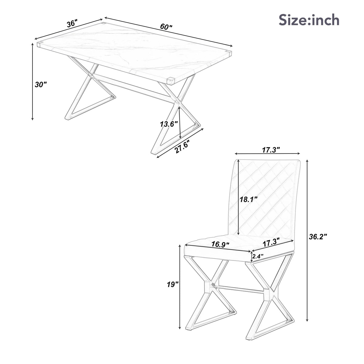 7-Piece Marble Texture Dining Table Set with 6 PU Leather Chairs A29506