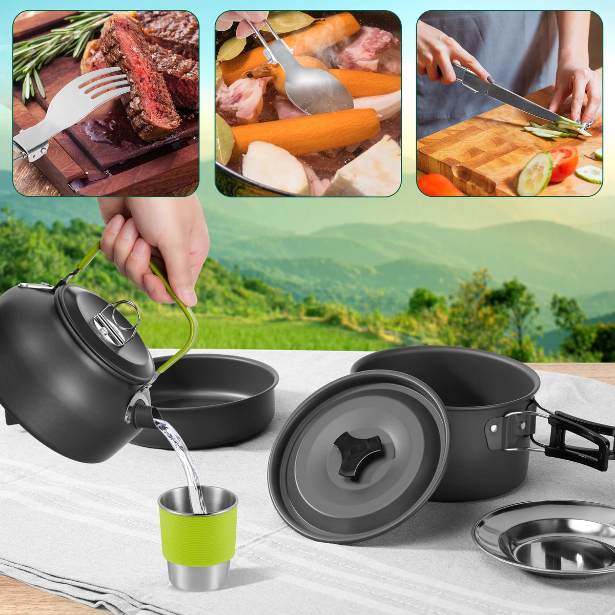19pcs Non-Stick Camping Cookware Mess Kit with Stainless Steel Cups Plates Forks Knives Spoons K798092