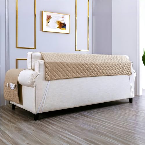 Light Grey Reversible Loveseat Couch Cover with Side Pocket Q990860