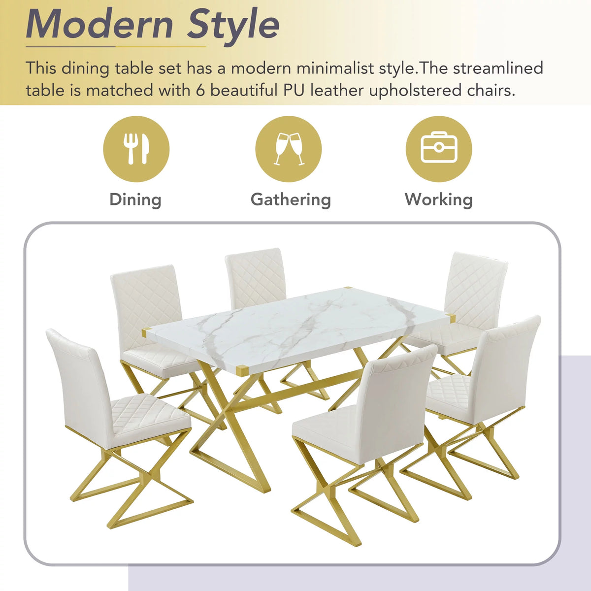7-Piece Marble Texture Dining Table Set with 6 PU Leather Chairs A29506