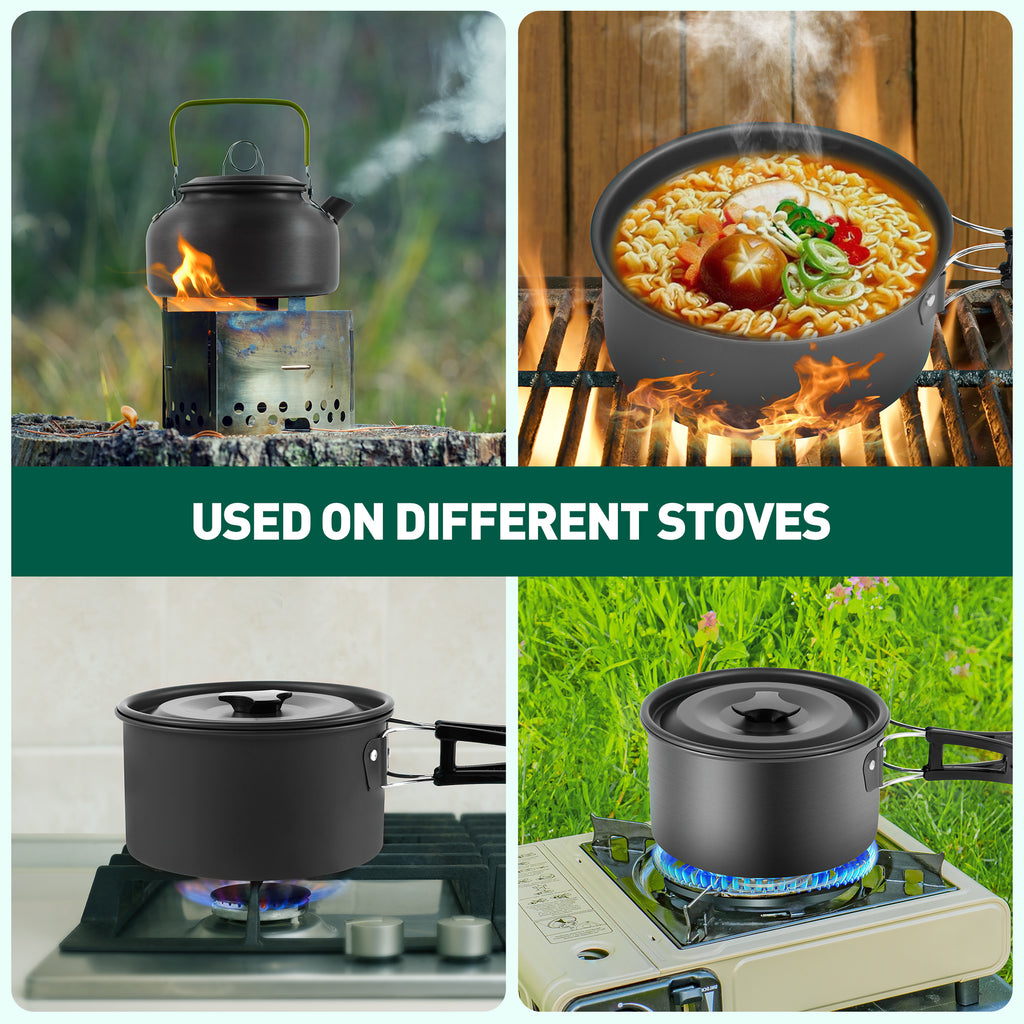 19pcs Non-Stick Camping Cookware Mess Kit with Stainless Steel Cups Plates Forks Knives Spoons K798092