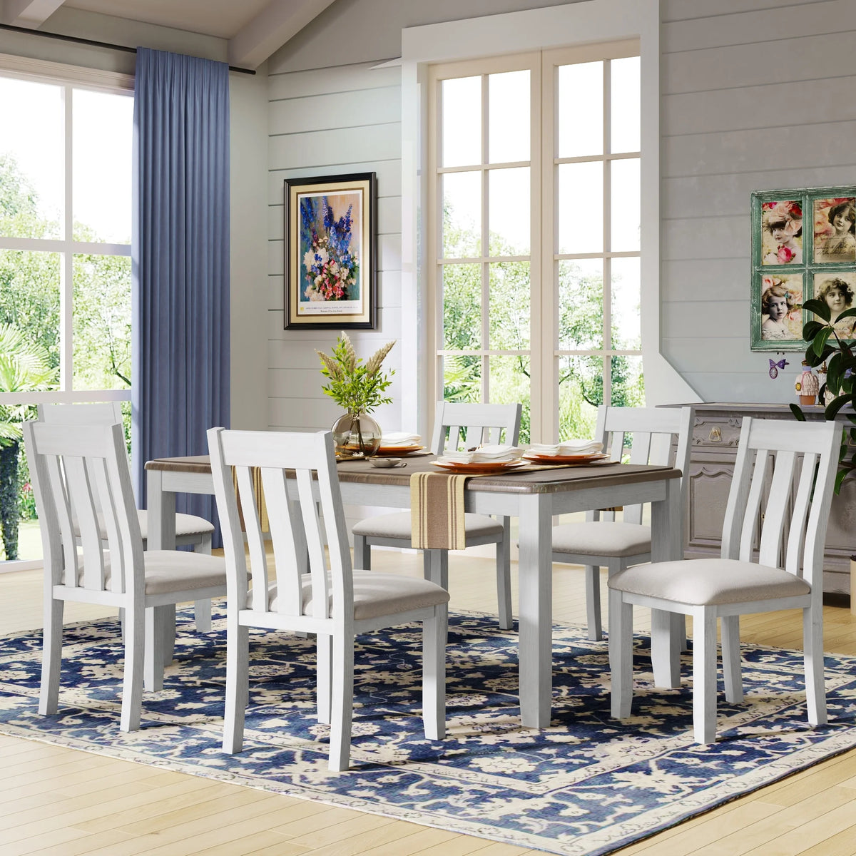 7 Piece Wooden Dining Table Set with 6 Upholstered Chairs Z807709