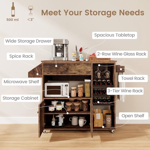 Rolling Kitchen Island Cart with Drop Leaf, Power Outlet, White Z756