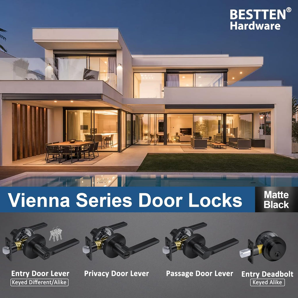 [5 Pack] Matte Black Privacy Door Handle with Removable Latch Plate M9385