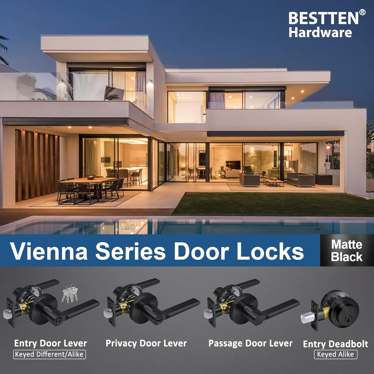 [5 Pack] Matte Black Privacy Door Handle with Removable Latch Plate M9385