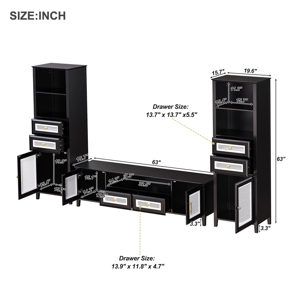 Black Rattan TV Stand Set with 2 Tall Cabinets Q385