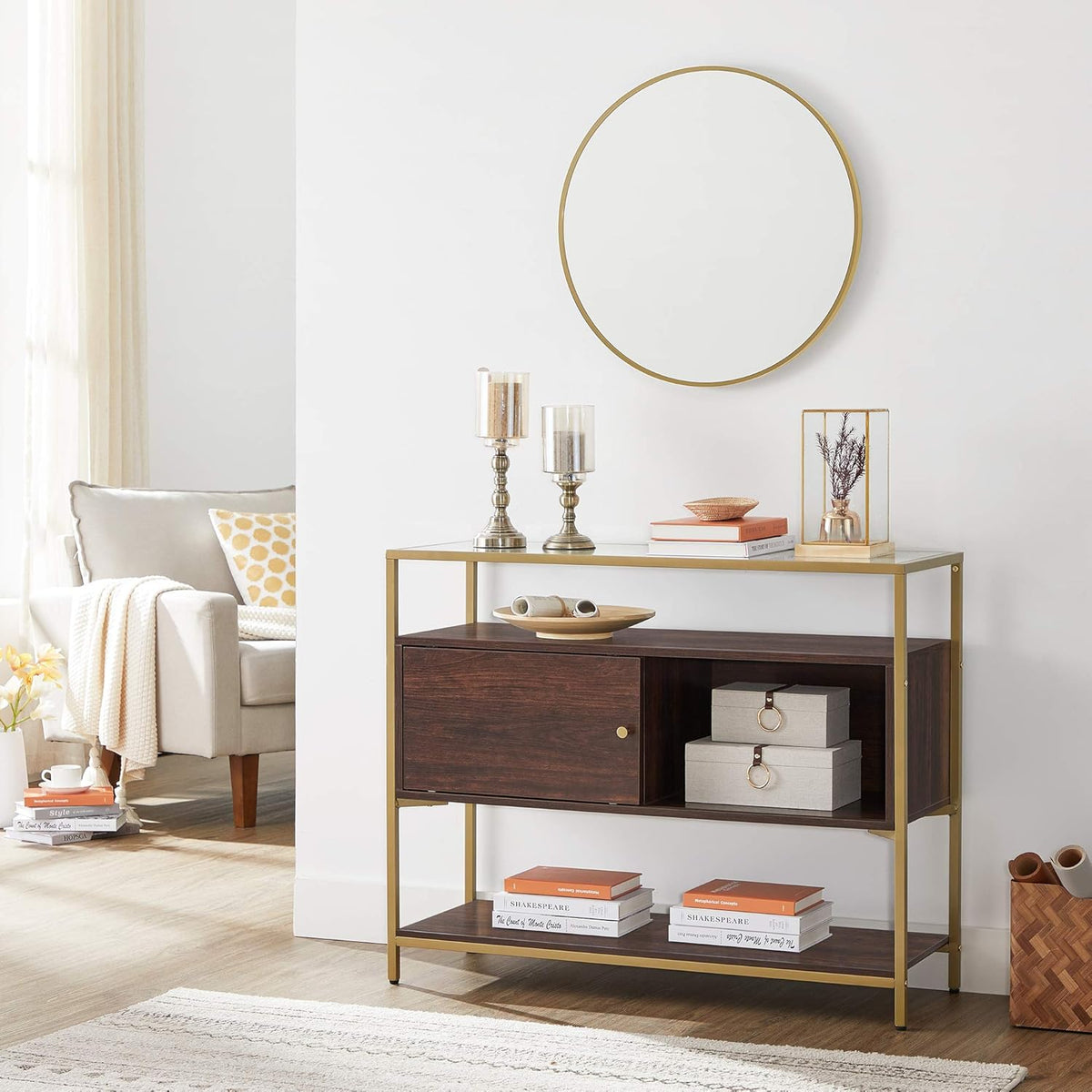 Chocolate Brown and Matte Gold Sideboard with Glass Top and Steel Frame R43381