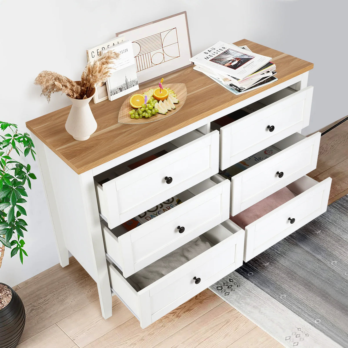 White 6 Drawer Wood Dresser with Metal Knobs W13975