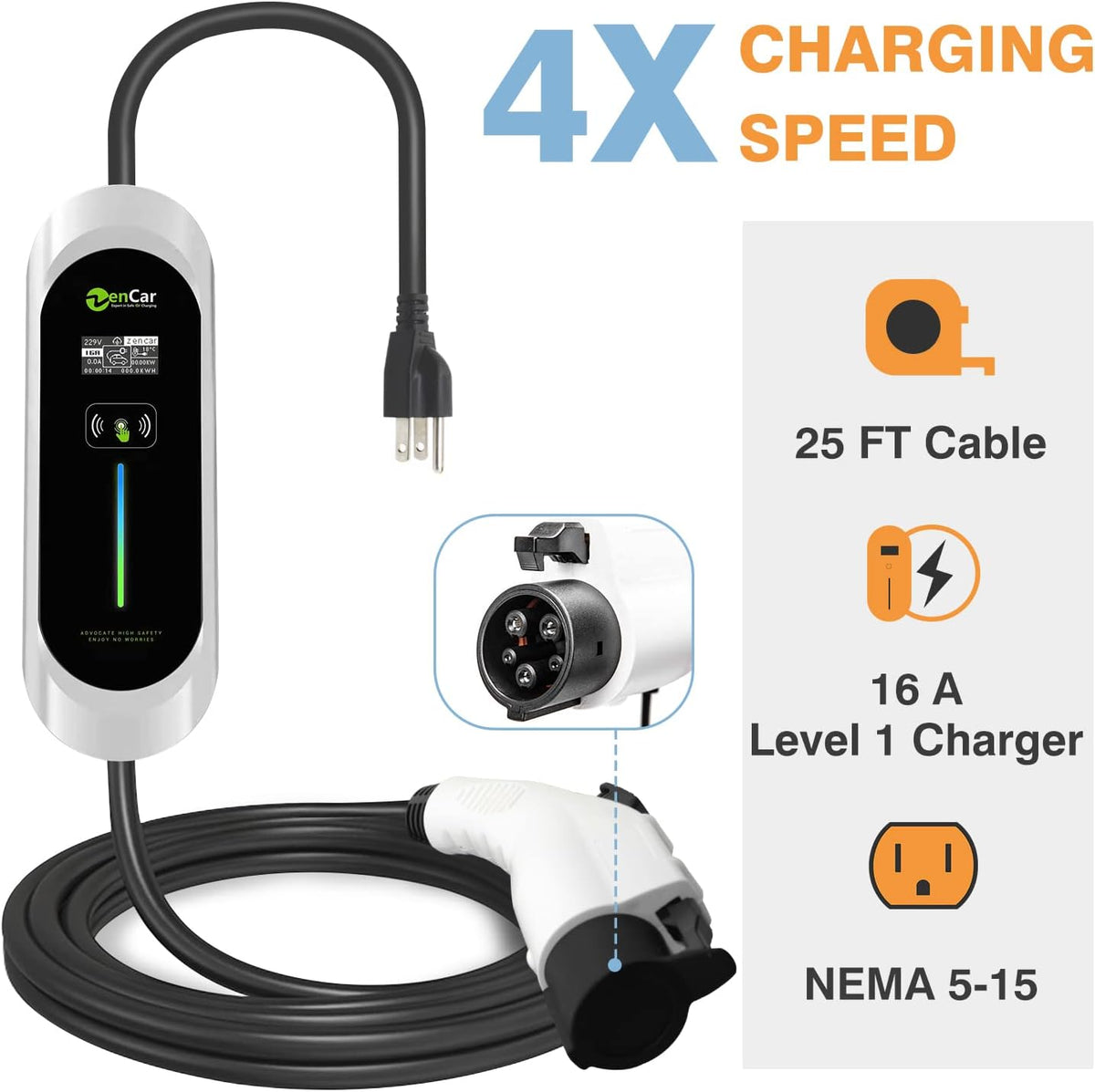 Portable EV Charger with NEMA 5-15 Plug, Adjustable Currents 8A-16A L41306