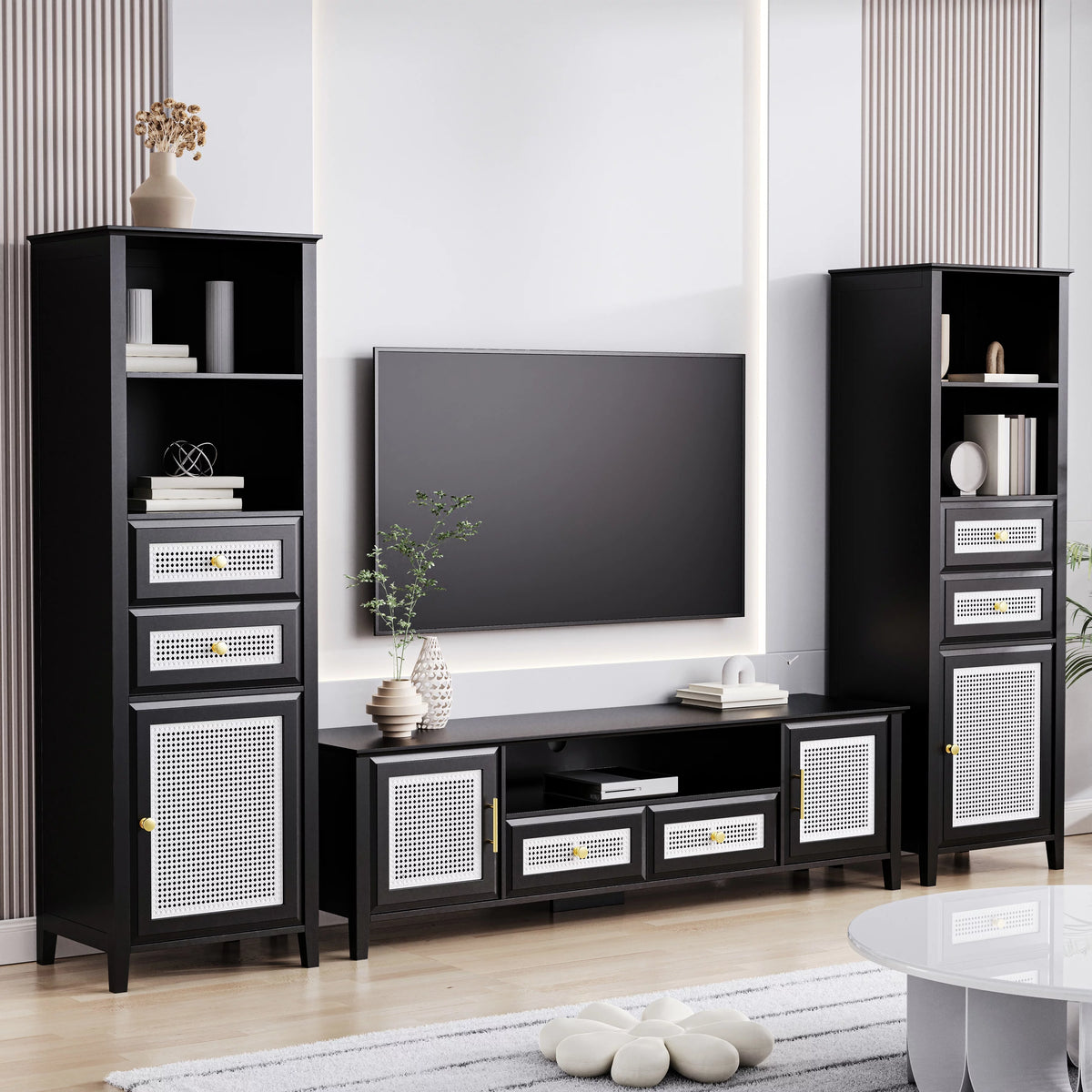 Black Rattan TV Stand Set with 2 Tall Cabinets Q385