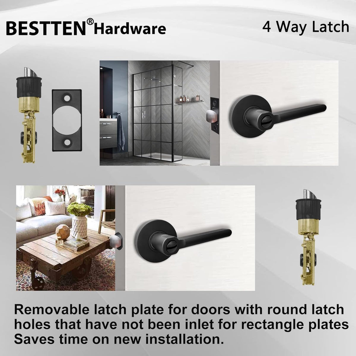[5 Pack] Matte Black Privacy Door Handle with Removable Latch Plate M9385