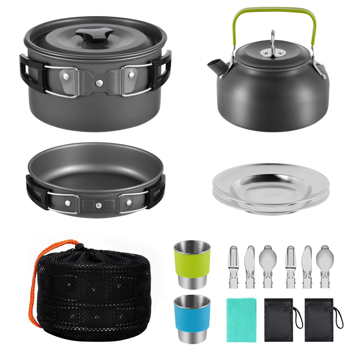 19pcs Non-Stick Camping Cookware Mess Kit with Stainless Steel Cups Plates Forks Knives Spoons K798092