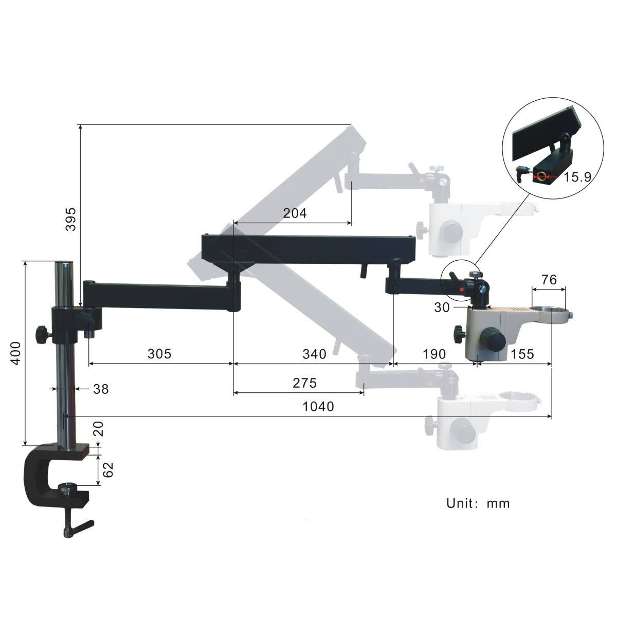 7-45X Stereo Microscope with Articulating Arm, 56 LED Ring Light, 3.2M Camera W807