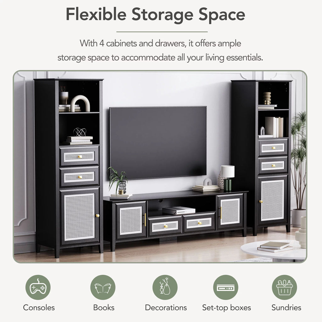 Black Rattan TV Stand Set with 2 Tall Cabinets Q385