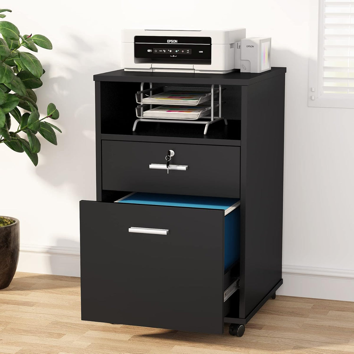 2 Drawer Mobile File Cabinet with Lock, Rolling Wheels and Open Storage Shelf G79622