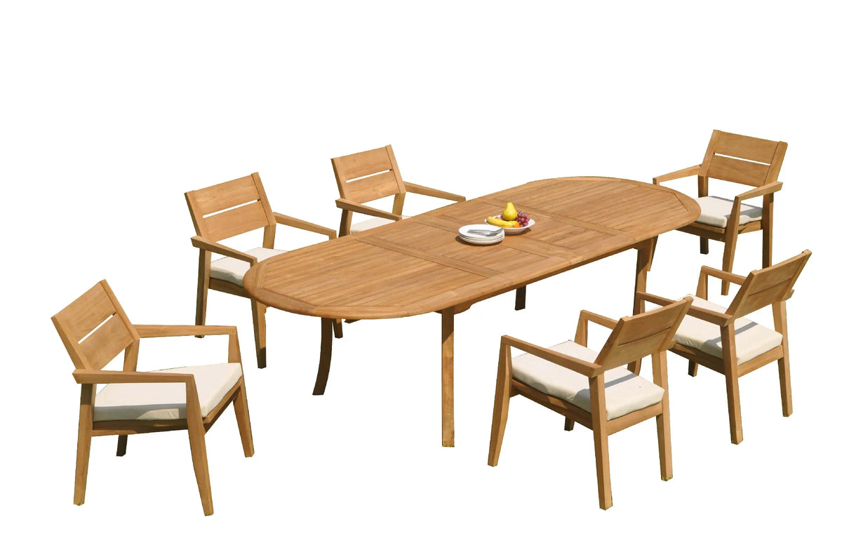 Grade-A Teak 7 Pc Dining Set with 118" Oval Table and 6 Stacking Arm Chairs F158