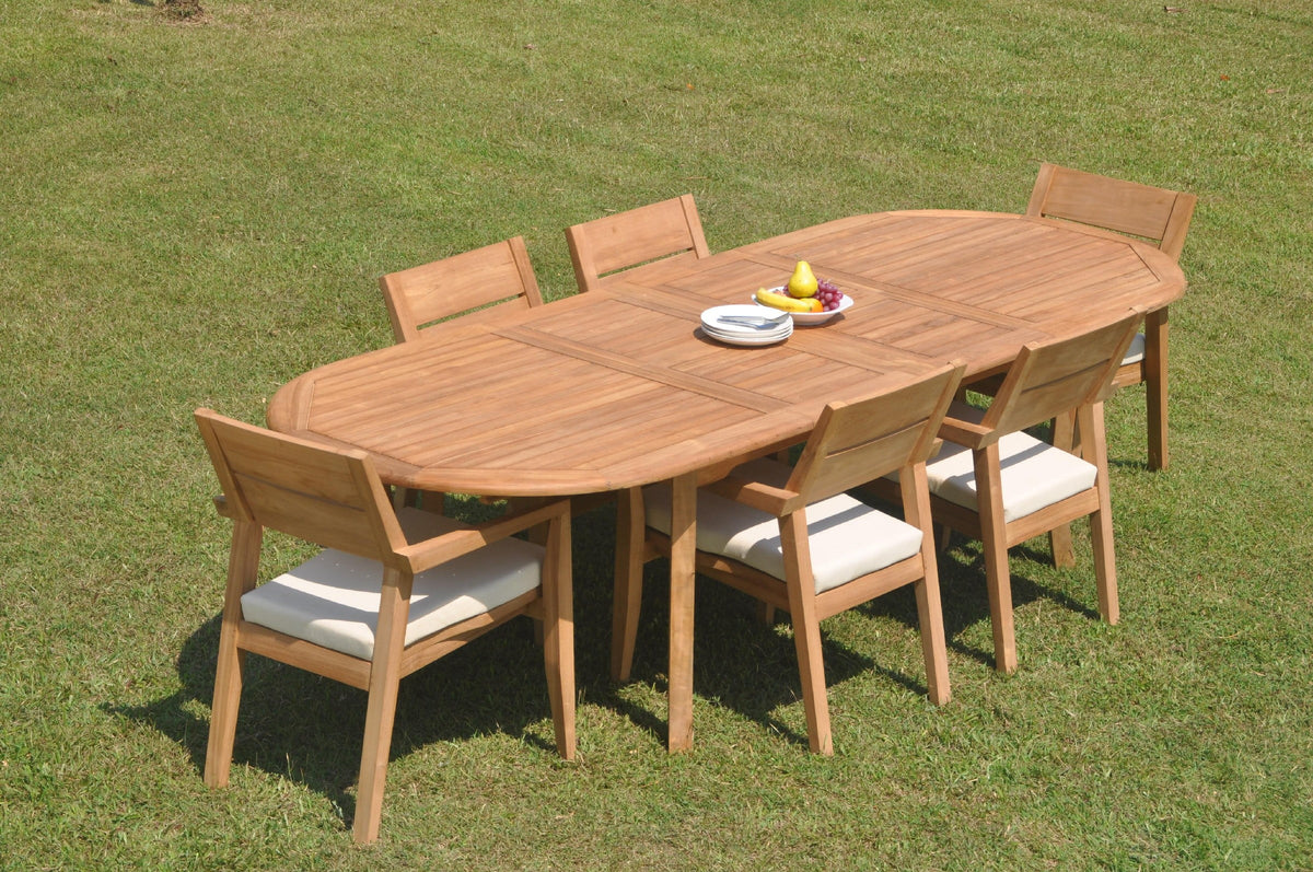 Grade-A Teak 7 Pc Dining Set with 118" Oval Table and 6 Stacking Arm Chairs F158