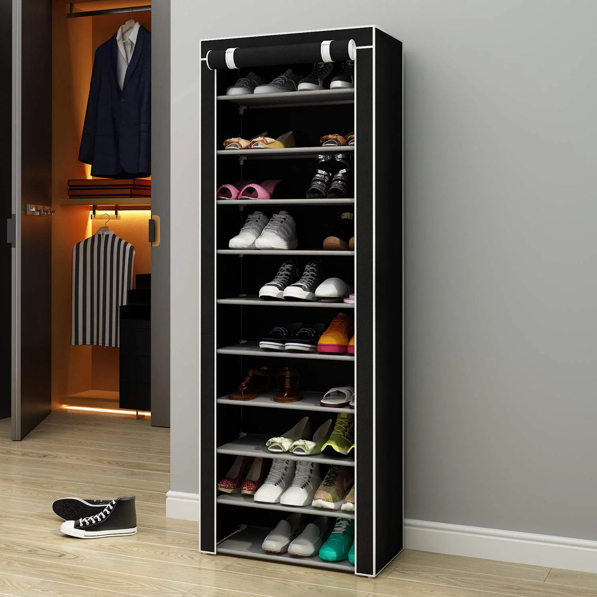 10 Tiers 9 Lattices Shoe Rack Storage Organizer Black K487026
