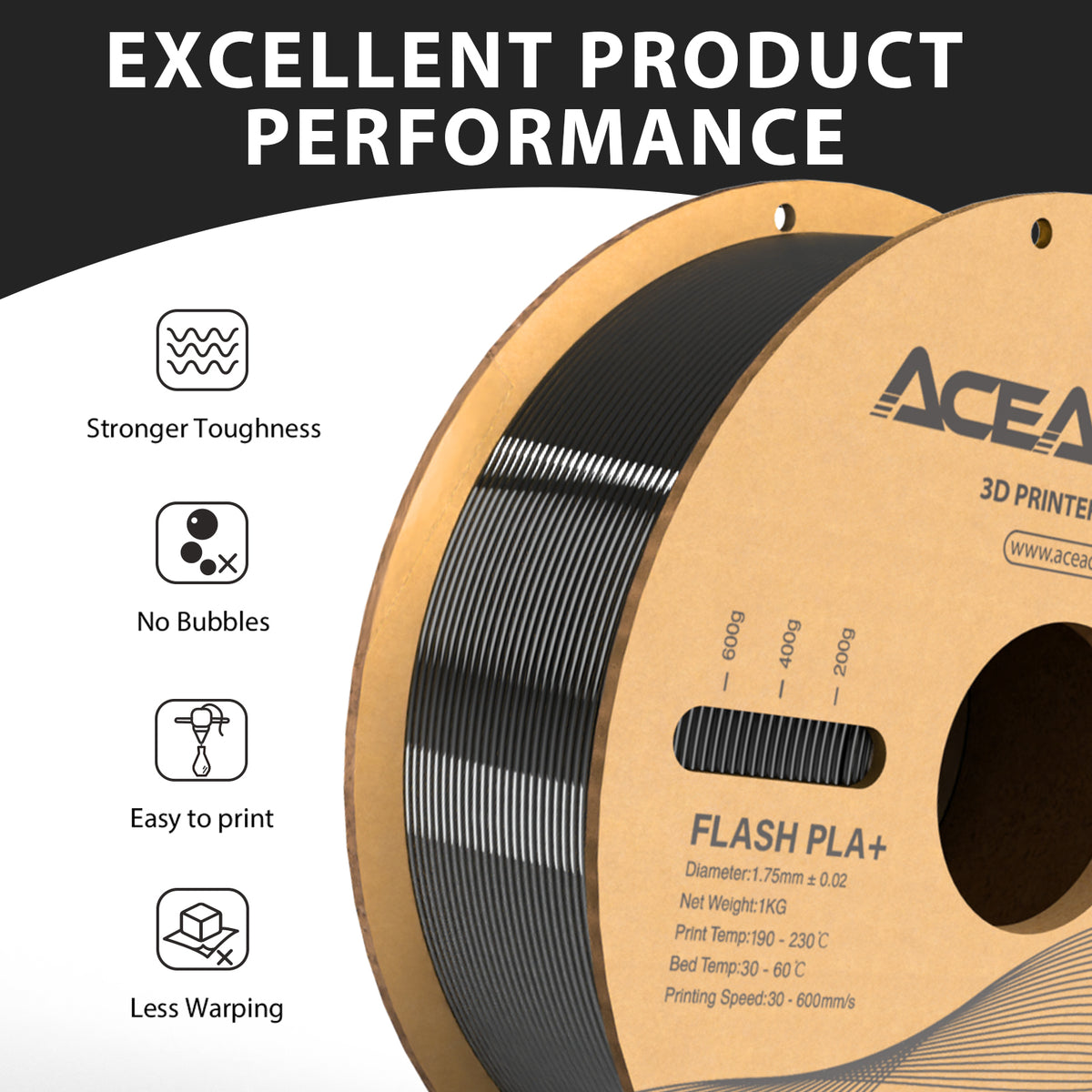 Black PLA+ Filament 1.75mm 3D Printing Material, 6 Rolls K389