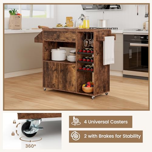 Rolling Kitchen Island Cart with Drop Leaf, Power Outlet, White Z756
