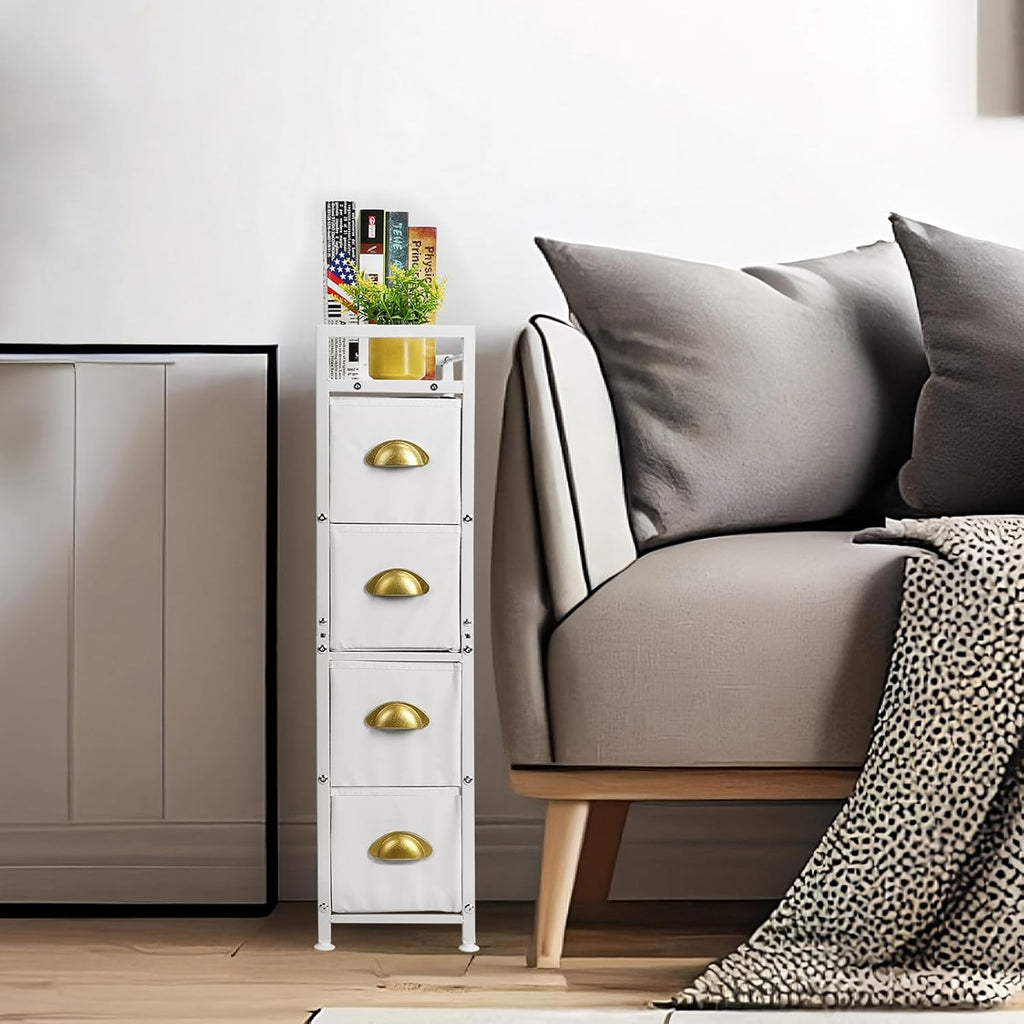 Narrow 4 Drawers Fabric Storage Dresser with Wooden top A177211
