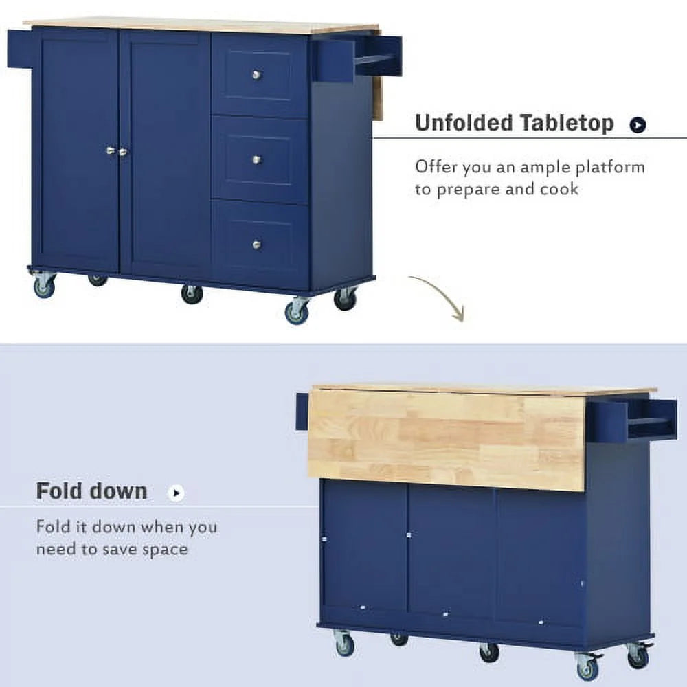 Dark Blue Rolling Mobile Kitchen Island with Solid Wood Top and Locking Wheels O82684