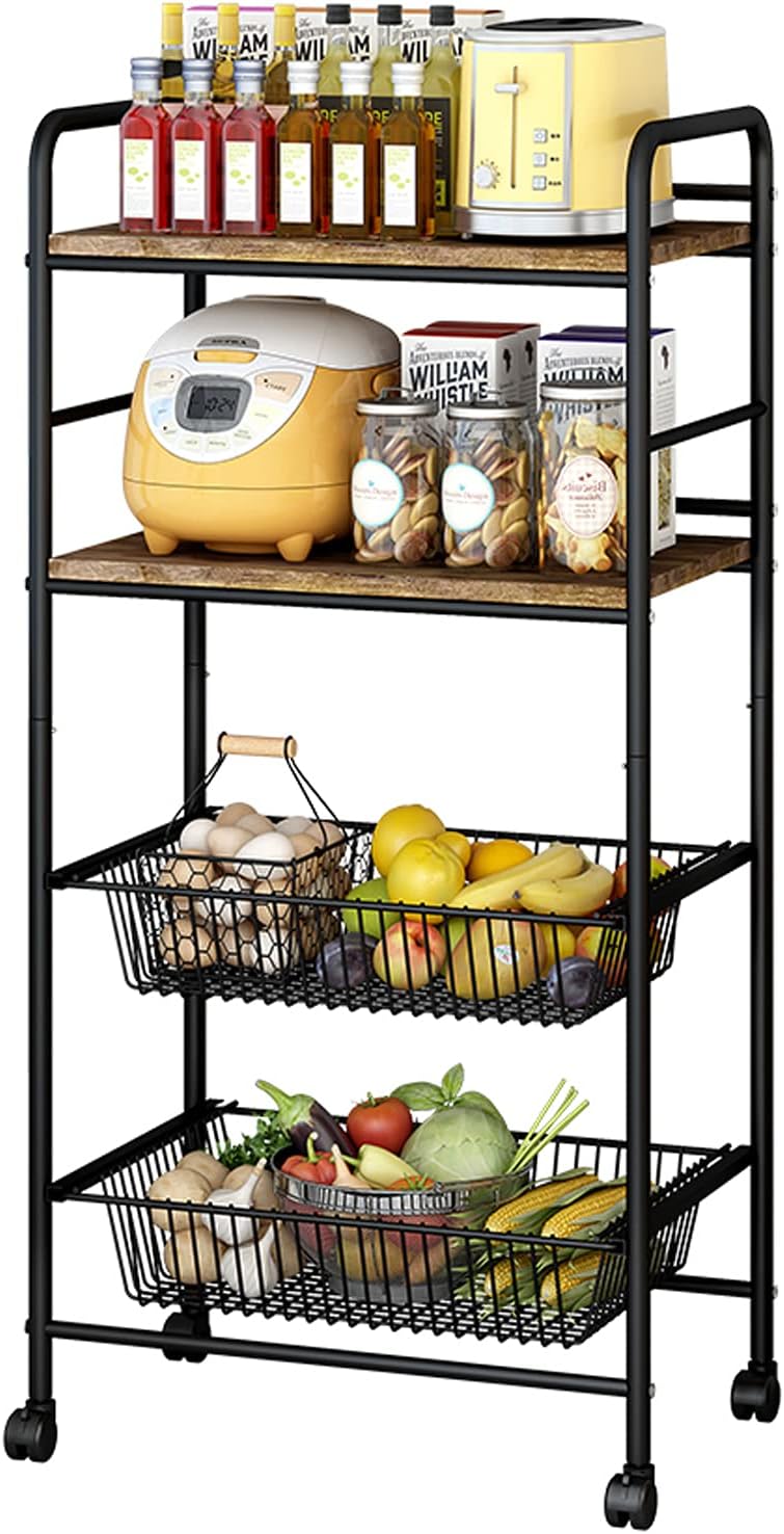 Black 5-Tier Rolling Utility Storage Cart with 3 Basket Drawers C845635