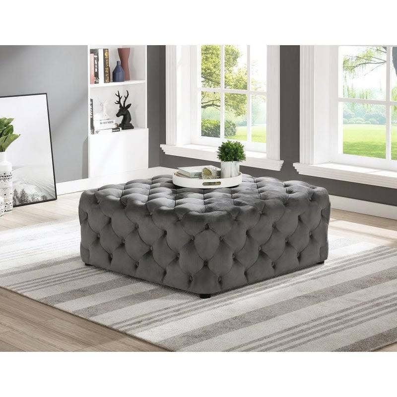 Beige Linen Square Tufted Ottoman W310