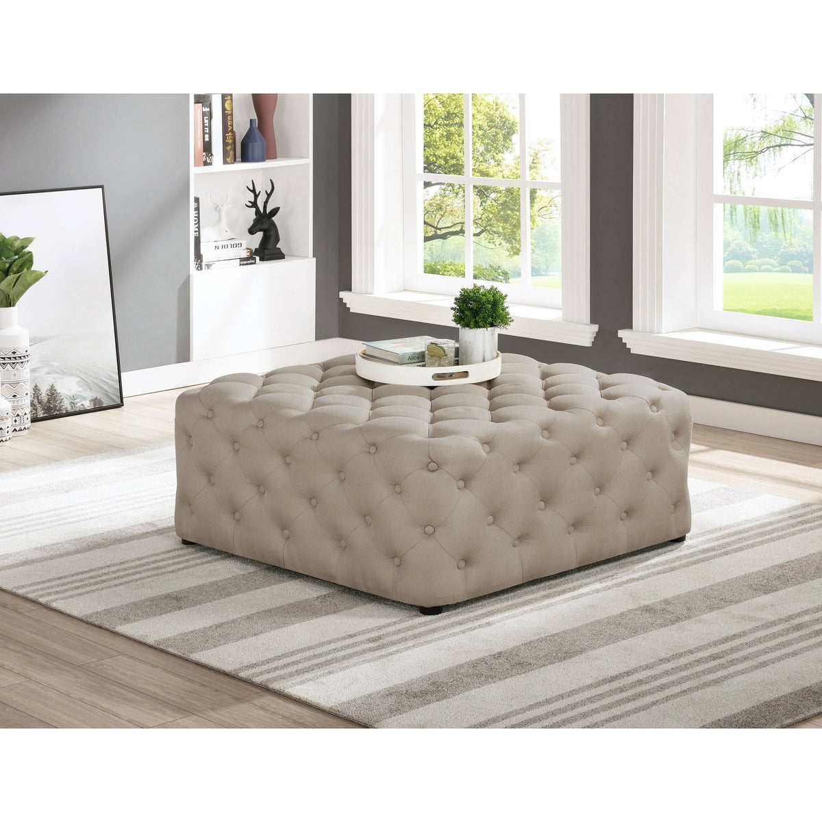 Beige Linen Square Tufted Ottoman W310