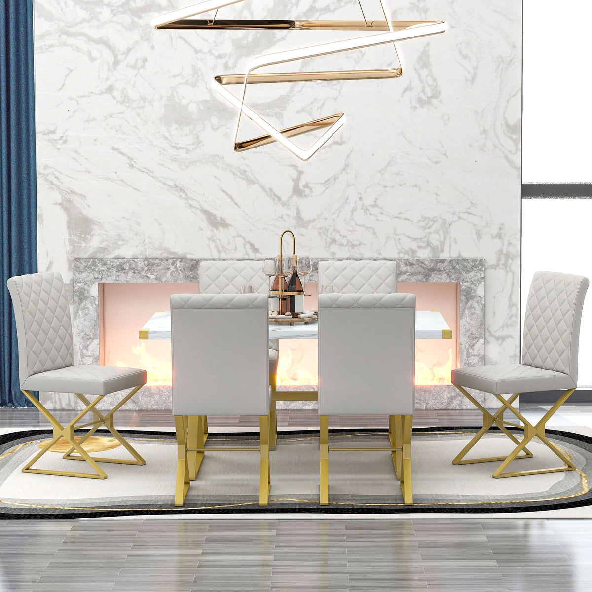 7-Piece Marble Texture Dining Table Set with 6 PU Leather Chairs A29506