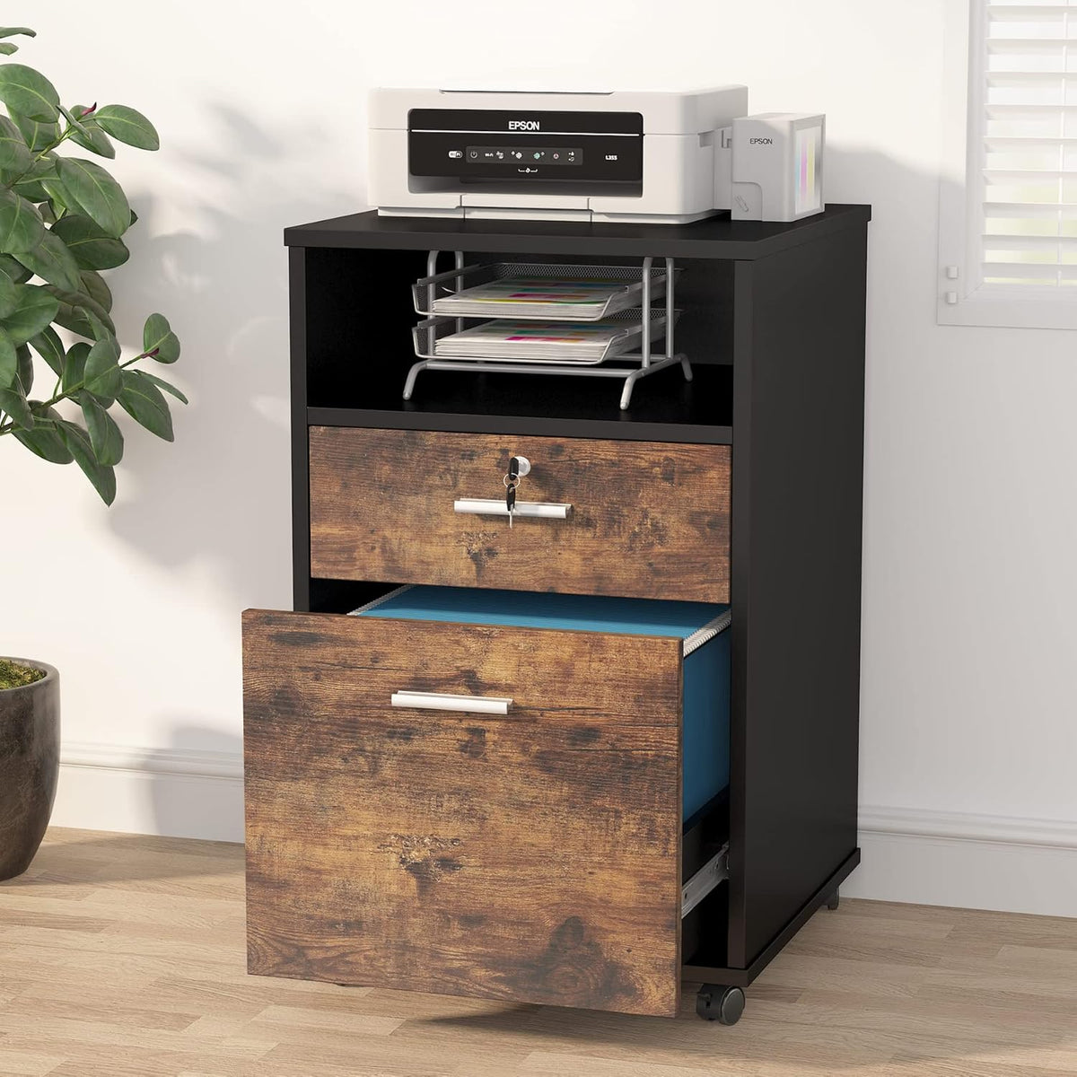 2 Drawer Mobile File Cabinet with Lock, Rolling Wheels and Open Storage Shelf G79622