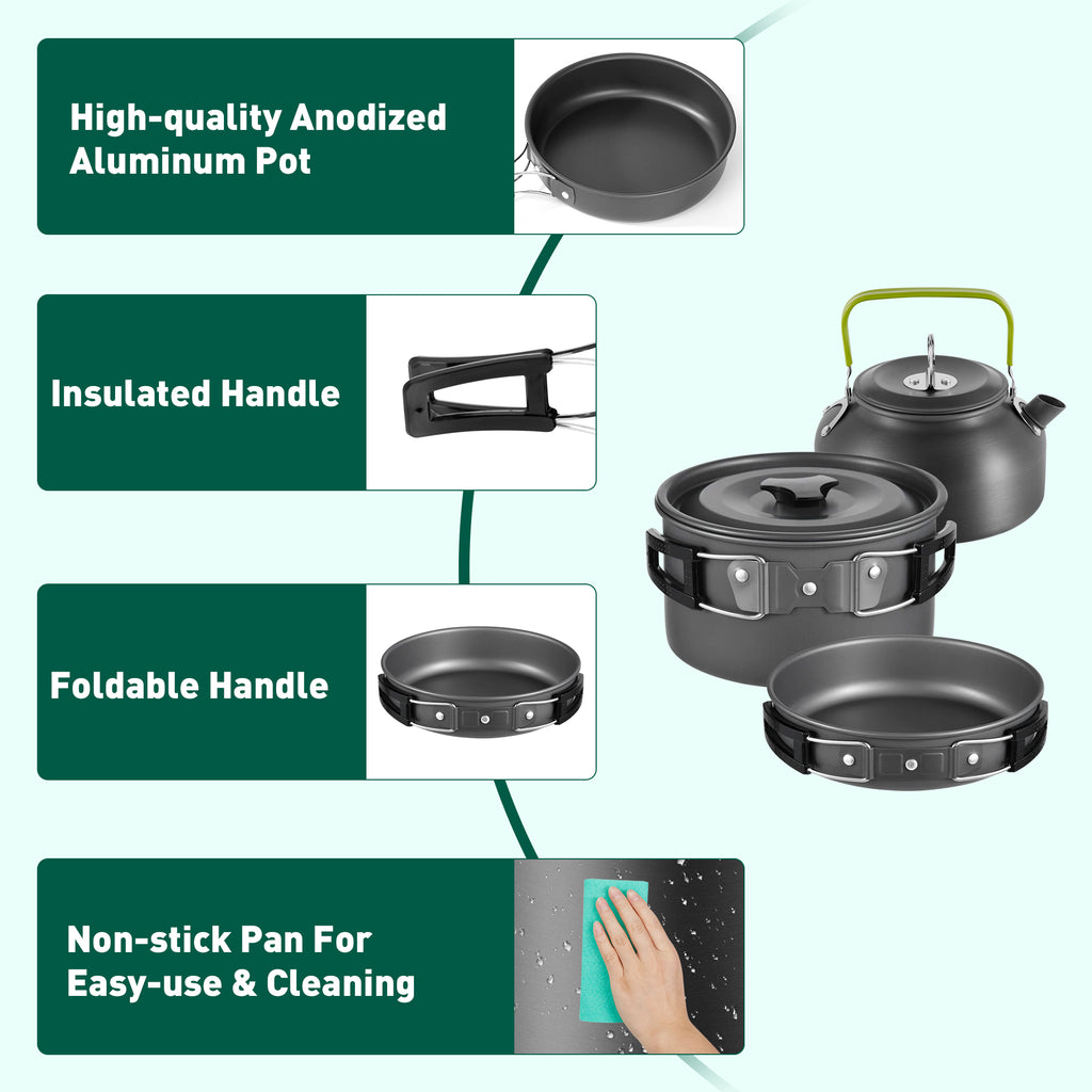 19pcs Non-Stick Camping Cookware Mess Kit with Stainless Steel Cups Plates Forks Knives Spoons K798092