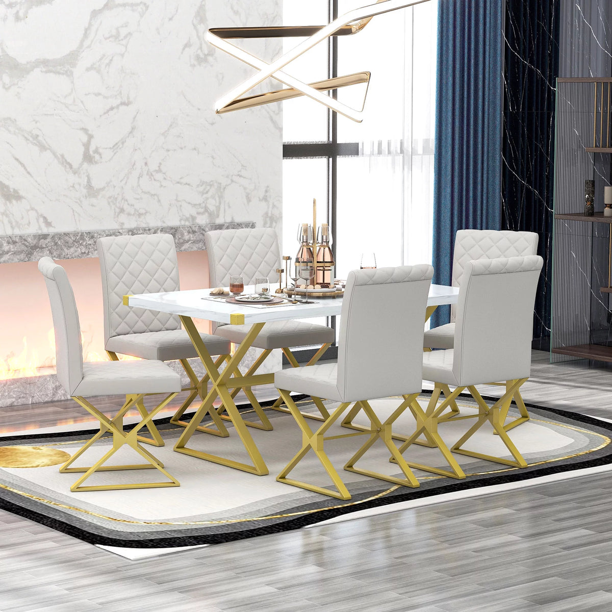 7-Piece Marble Texture Dining Table Set with 6 PU Leather Chairs A29506