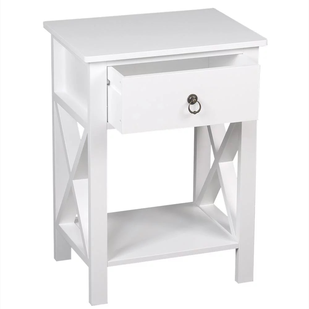 White Nightstand with Drawer and Shelf R5294