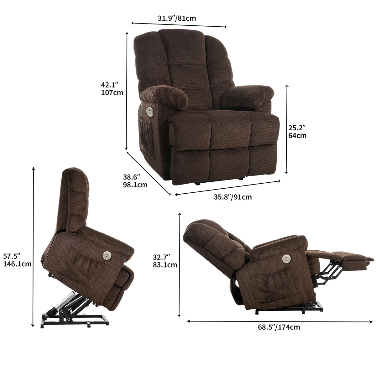 Brown Electric Lift Recliner Chair with Remote Control W801781