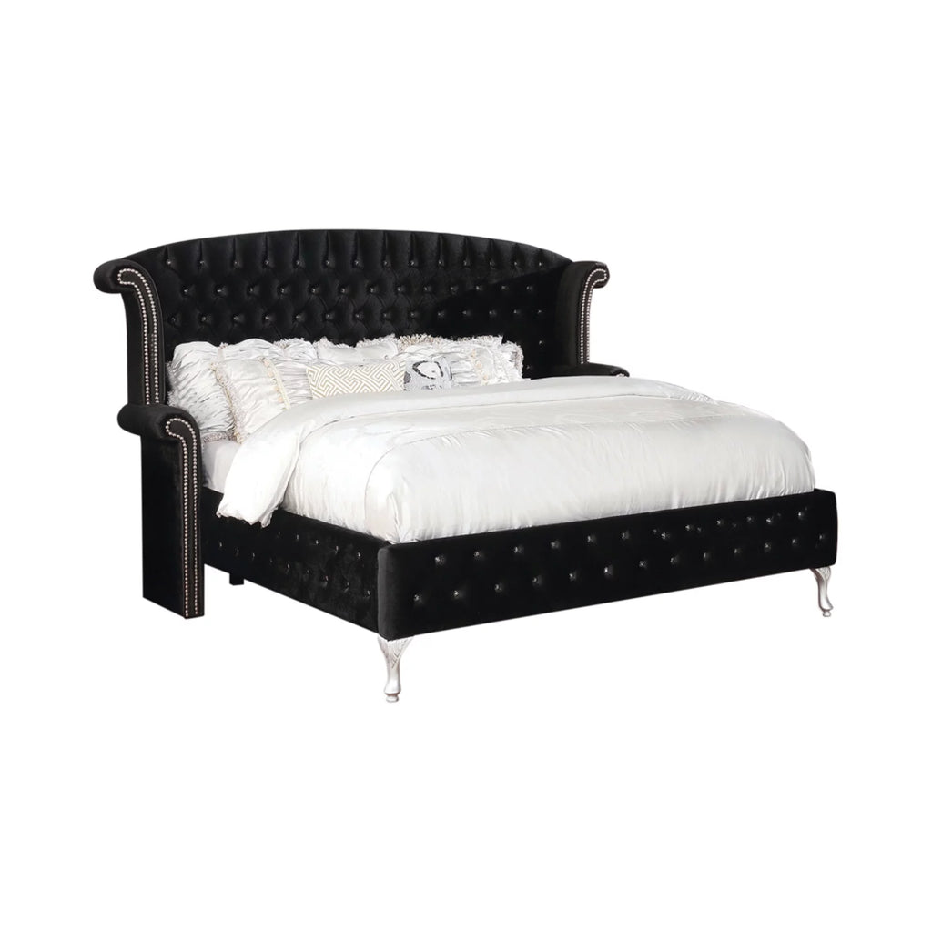 Black Wooden Eastern King Bed with Wing Back and Button Tufting E70503
